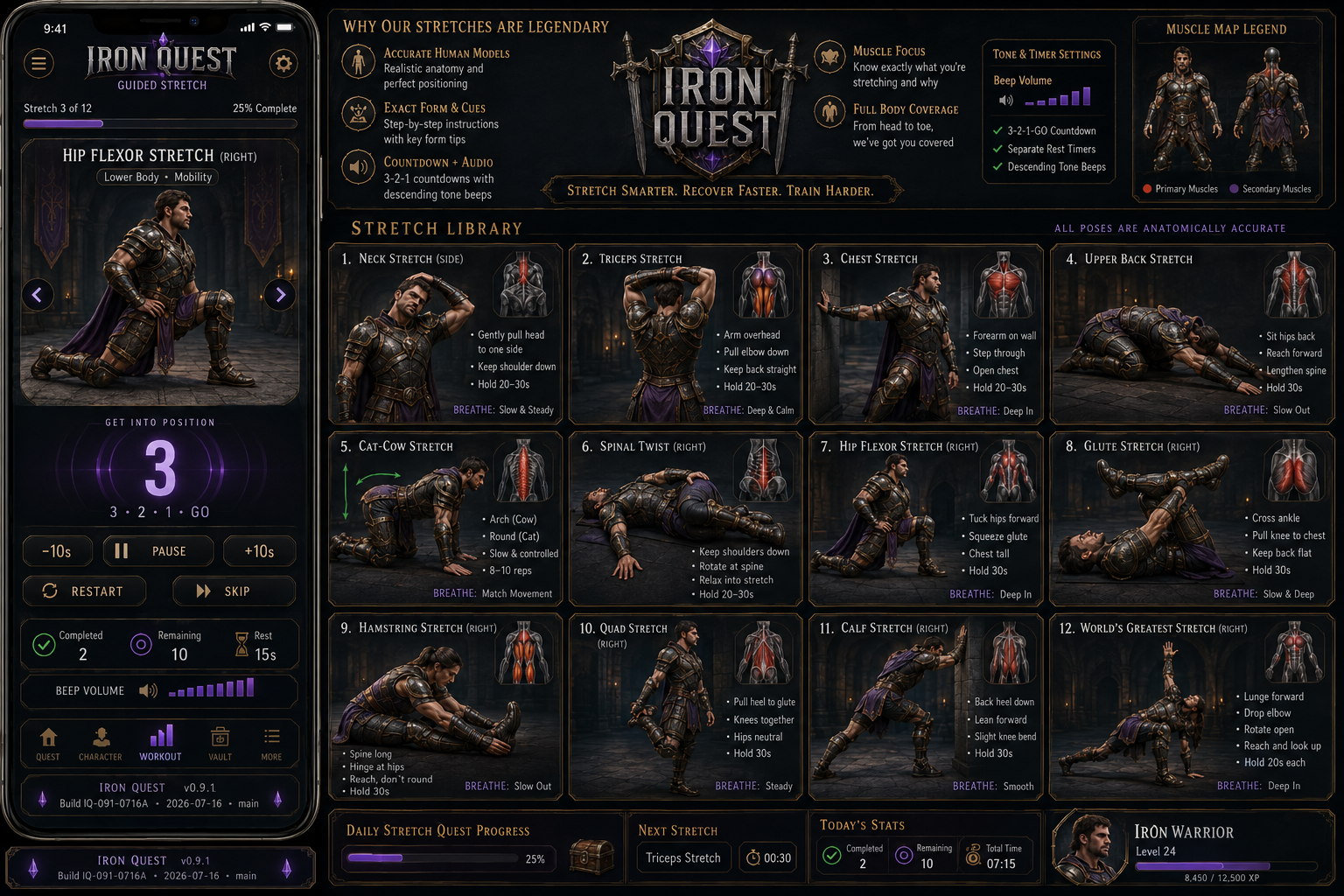 IronQuest guided stretch interface with armored athletes
